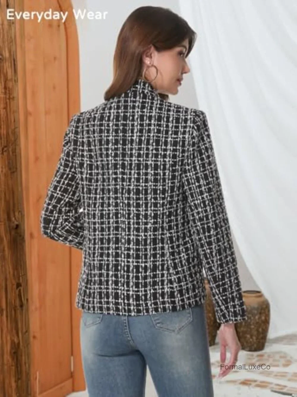 Women's Open Front Tweed Blazer - Lightweight Plaid Stand Collar Lined Casual